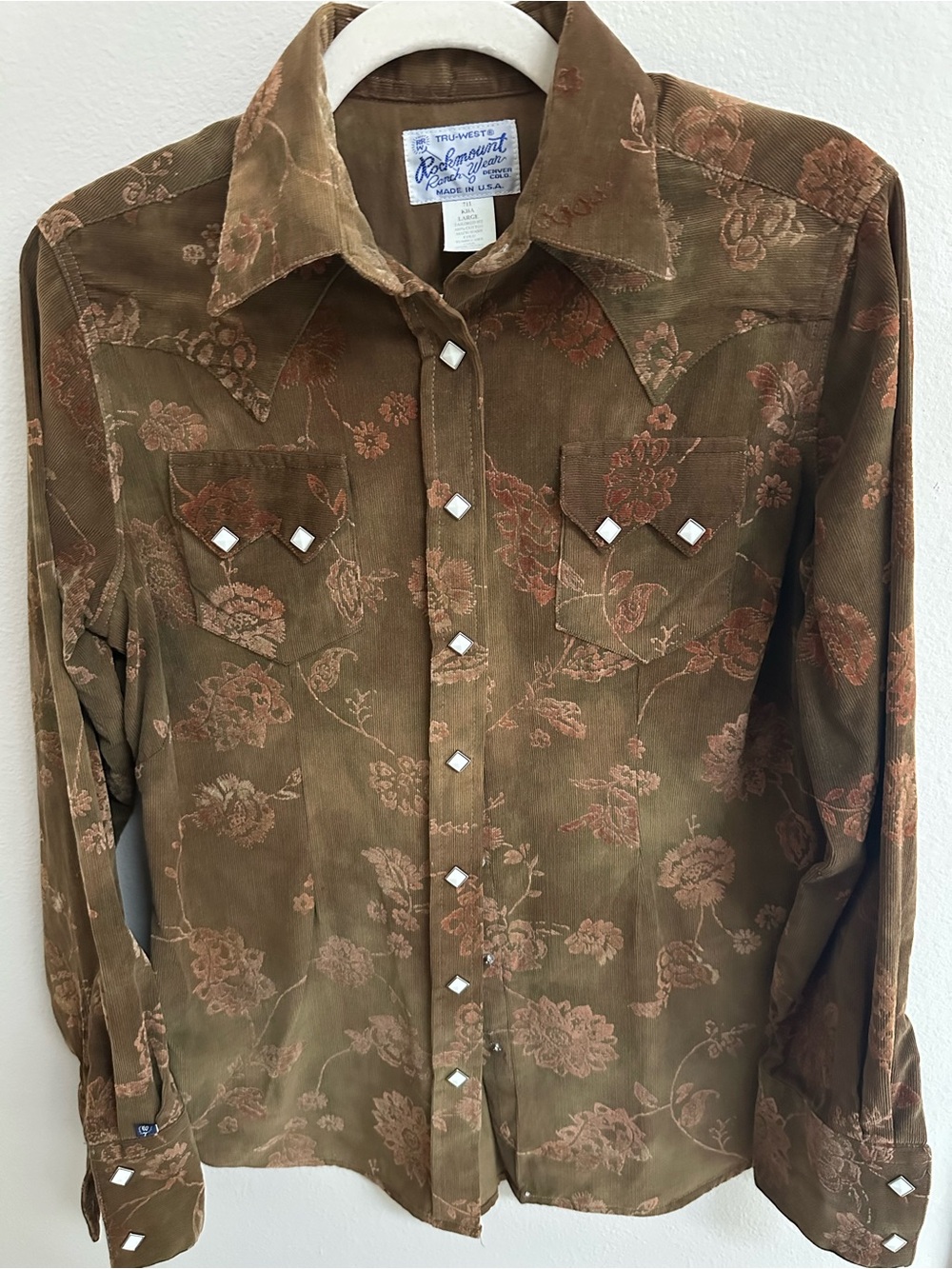 Rockmount Ranch Wear Vintage Western Floral Corduroy Shirt - Brown, Size Large